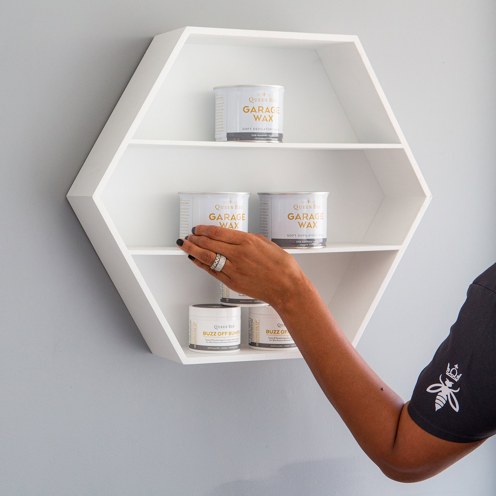 Queen Bee Garage Wax on a shelf